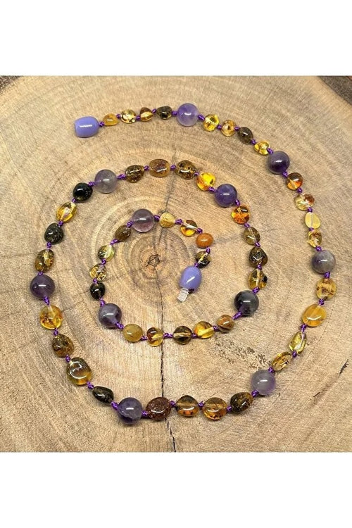 Damla Kehribar Çocuk Genç Ametist Tasarım Kolye 40cm