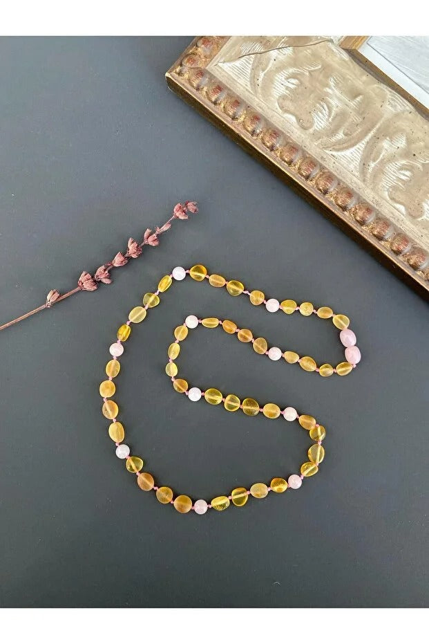 Mat Baltık Kehribar ve Pembe Kuartz Yetişkin Kehribar Kolye