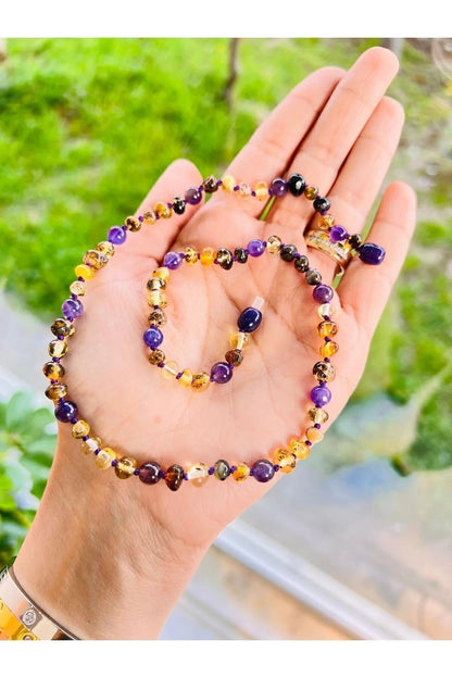 Damla Kehribar Yetişkin Kolye Ametistli Tasarım