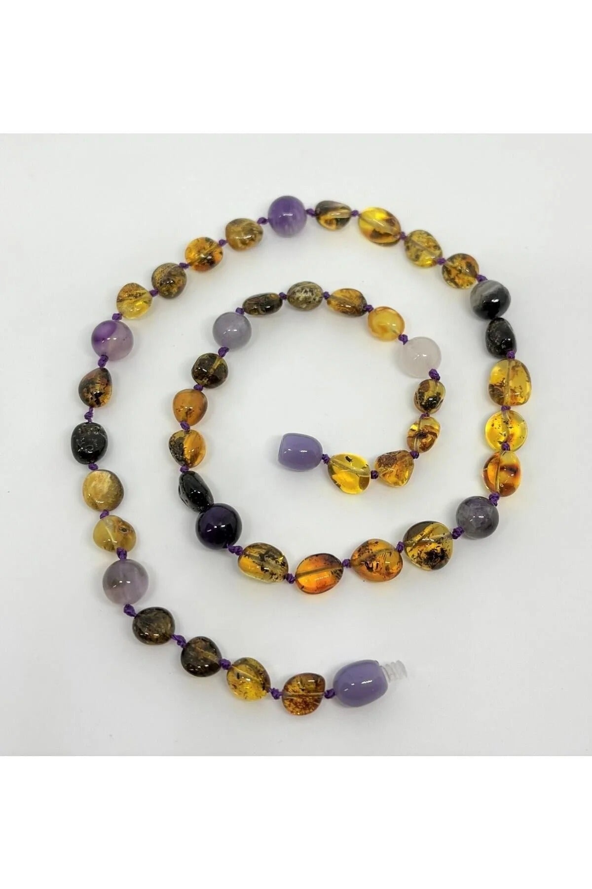 Damla Kehribar Çocuk Genç Ametist Tasarım Kolye 40cm