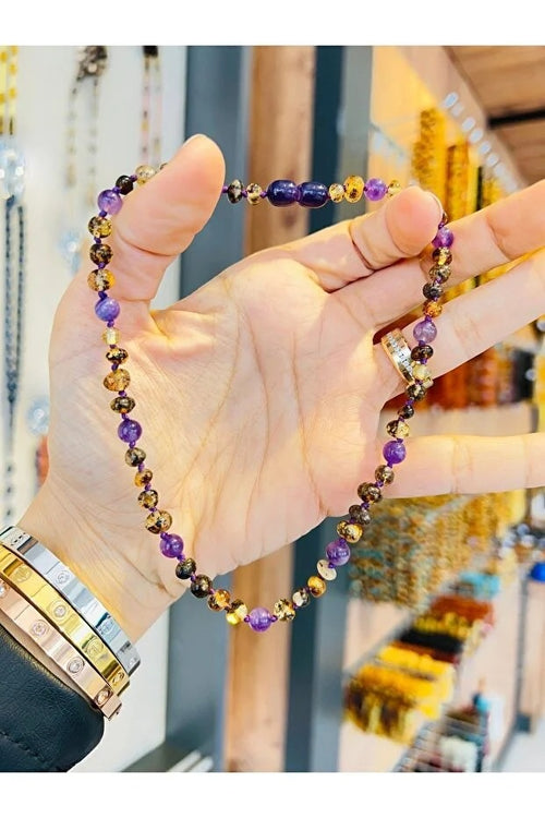 Damla Kehribar Yetişkin Kolye Ametistli Tasarım