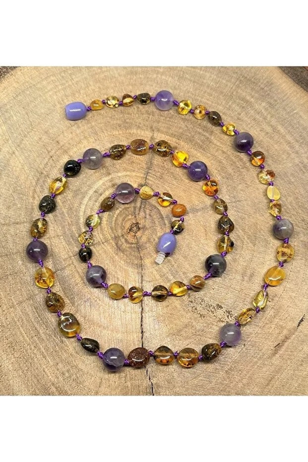 Damla Kehribar Çocuk Genç Ametist Tasarım Kolye 40cm