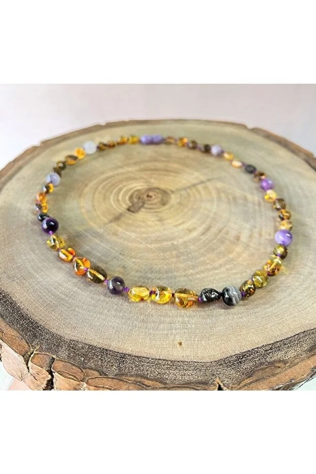 Damla Kehribar Çocuk Genç Ametist Tasarım Kolye 40cm