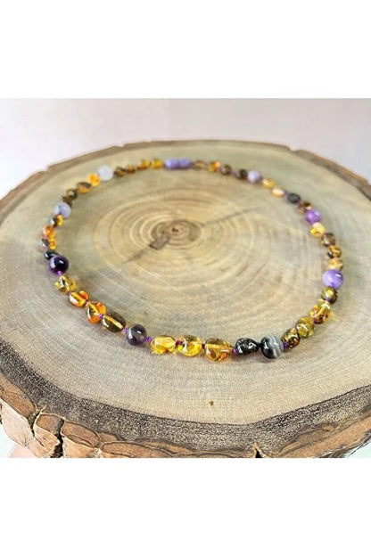 Damla Kehribar Çocuk Genç Ametist Tasarım Kolye 40cm